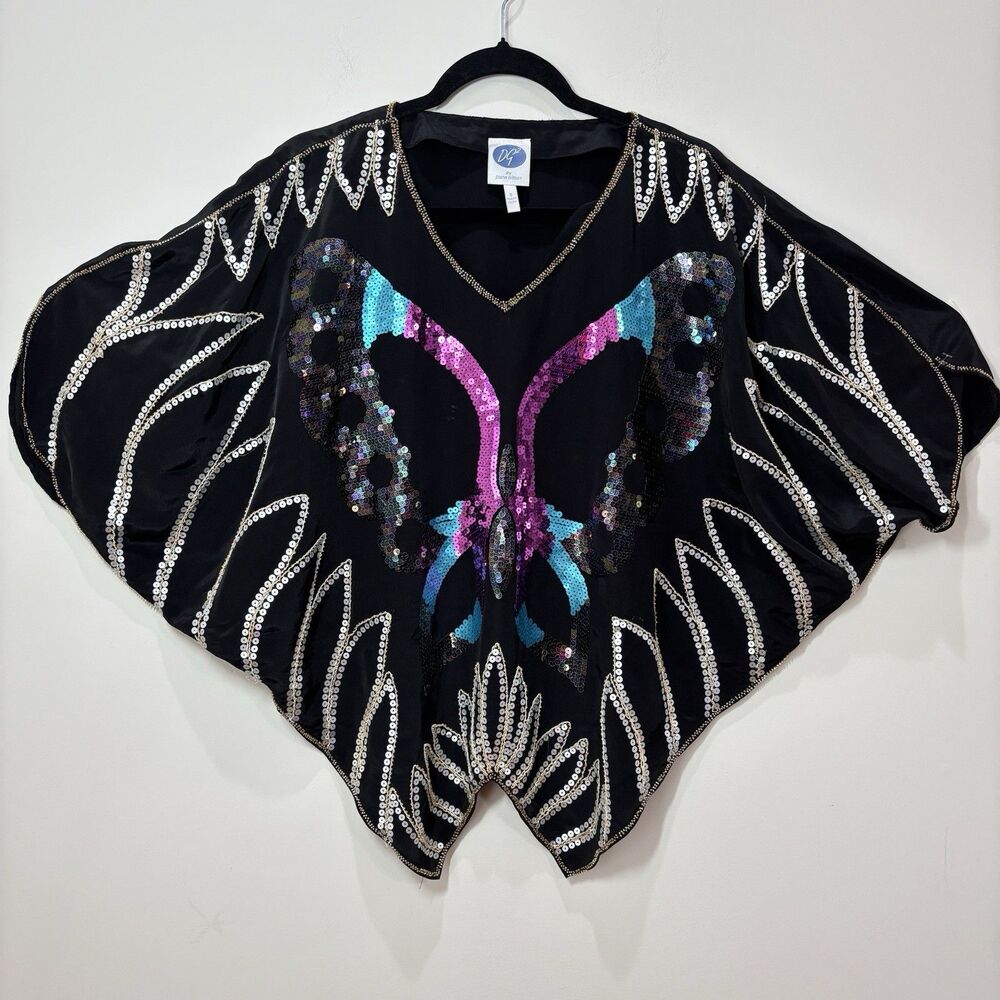 VTG Sequin BUTTERFLY Blouse S Black Iridescent Beaded Boho Fairy Party Glam